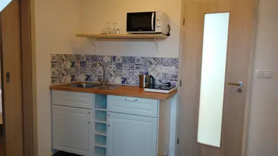 a kitchen with a sink and a microwave on a shelf at Apartmány Malý mnich in Mníšek pod Brdy