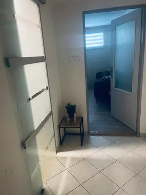 a bathroom with a large stone sink in front of a mirror at Apartmán Lucián in Prague