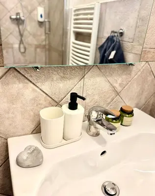 a bathroom sink with toiletries and a mirror at Apartmány Nerudova 36 in Prague