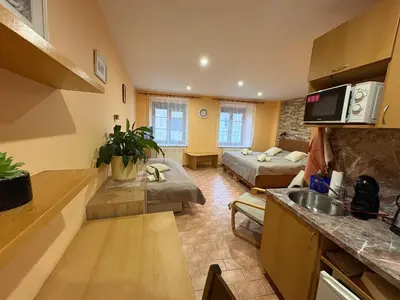 a kitchen and living room with two beds in a room at Penzion Na Hradbách in Louny