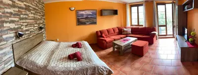 a living room with a bed and a couch at Penzion Na Hradbách in Louny