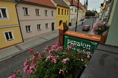 a view of a street with flowers on a balcony at Penzion Na Hradbách in Louny