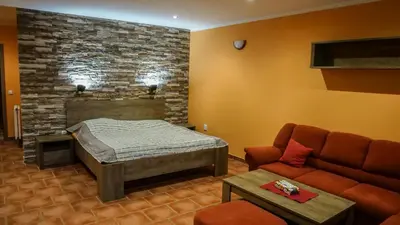 a living room with a bed and a couch at Penzion Na Hradbách in Louny