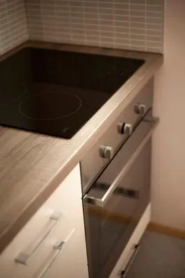 a kitchen with a counter top with a stove at Art Nouveau Apartment in Prague