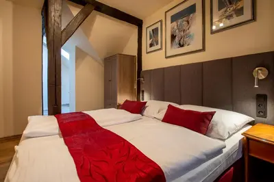 a bedroom with a large white bed with red pillows at Pension U Lilie in Prague