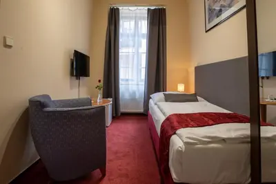 a hotel room with a bed and a window at Pension U Lilie in Prague