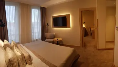 a living room with a couch and a chair and a television at Hotel Clement in Prague