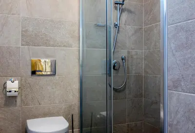 a shower stall in a bathroom with a toilet at Pavilon in Ricany
