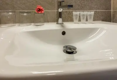 a white sink with a red flower on top of it at Pavilon in Ricany