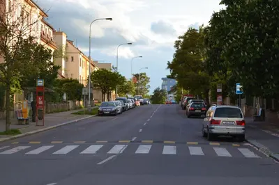 a street with cars parked on the side of the road at Pravouhla in Prague