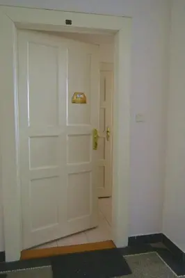 a white door with a gold handle in a room at Pravouhla in Prague