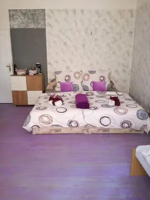 a bedroom with a large bed with purple pillows at Vila Sazava in Sázava