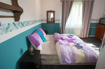 a bedroom with a bed with purple and blue at Vila Sazava in Sázava