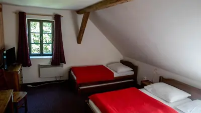 a attic room with two beds and a window at Penzion Pod Houskou in Blatce
