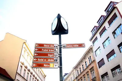 a street sign with many street signs on a pole at Apartment Masná 21 in Prague