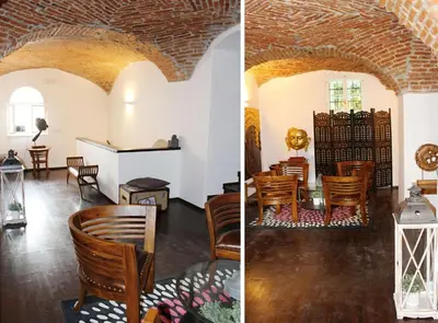 two photos of a room with chairs and a table at St. Terezie - Baroque Residence in Prague