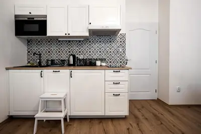 a kitchen with white cabinets and a stove top oven at Apartment Gesse Březinova in Prague