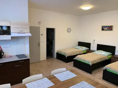 a small room with two beds and a kitchen at Apartements Studio 964 in Líbeznice