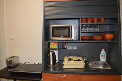 a kitchen counter with a microwave and a sink at Valentina Apartments in Prague