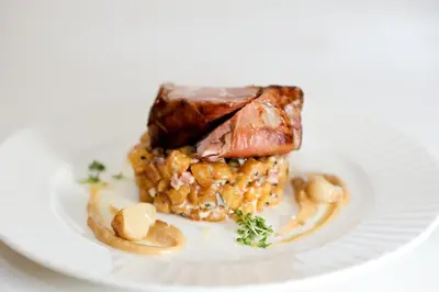 a plate of food with a piece of meat and onions at Hotel Bílý Páv in Benátky nad Jizerou
