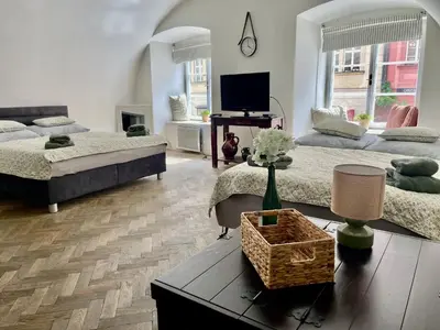 a living room with two beds and a tv at Studio Nicolas Prague in Prague