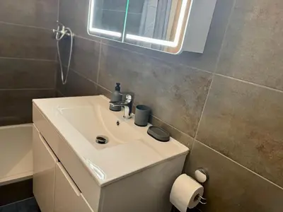 a bathroom with a white sink and a mirror at Studio Nicolas Prague in Prague