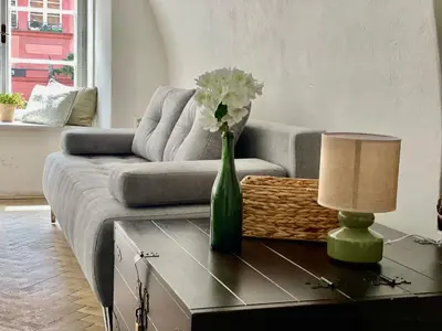 a vase of flowers on a table in a living room at Studio Nicolas Prague in Prague