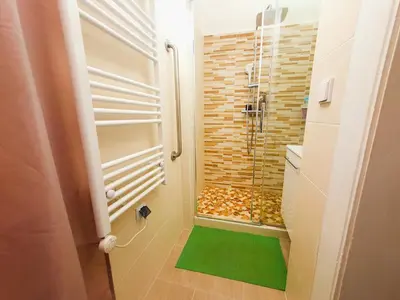 a shower with a green floor in a bathroom at Apartment in the center of Prague in Prague