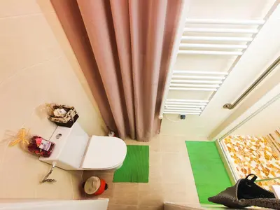 a bathroom with a toilet and a curtain at Apartment in the center of Prague in Prague