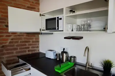 a kitchen with a sink and a microwave at The Republic Apartments in Prague
