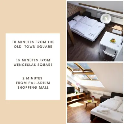 a collage of three pictures of a room with a bed at The Republic Apartments in Prague