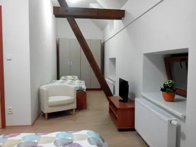 a room with a bedroom with a bed and a chair at Agropenzion U Bartousku in Malíkovice