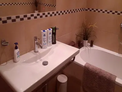 a bathroom with a sink and a bath tub at Family Flat 120m2, Praha 2 Vinohrady in Prague