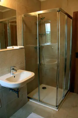 a bathroom with a shower and a sink at Penzion v Zálesí in Mladá Boleslav
