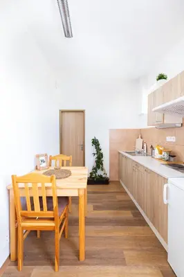 a kitchen with a wooden table and wooden chairs at Penziony Beneš in Prague