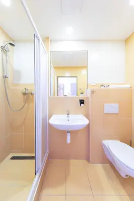 a bathroom with a sink and a shower at Penziony Beneš in Prague