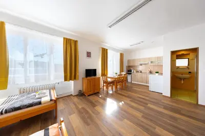 a living room with a bed and a kitchen at Penziony Beneš in Prague