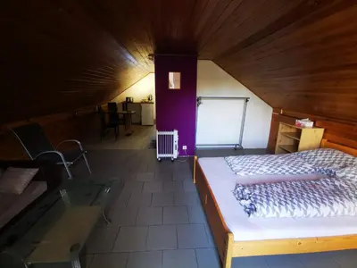 a bedroom with a large bed in a attic at Apartments Zbraslav in Prague
