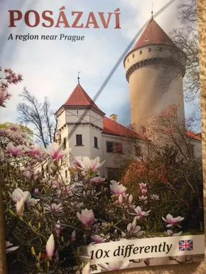 a magazine cover with a castle and pink flowers at Ubytování Irena in Benešov