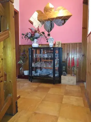 a dining room with a pink wall and a chandelier at Ubytování Irena in Benešov