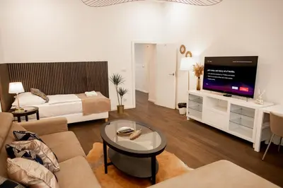 a living room with a couch and a bed and a television at Luxury Modern Designed Oldtown Apartment in Prague
