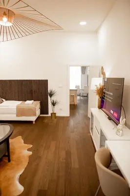 a large living room with a bed and a television at Luxury Modern Designed Oldtown Apartment in Prague