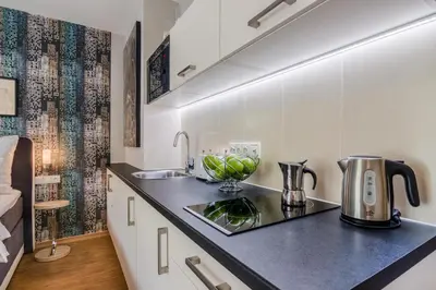 a kitchen with a sink and a coffee maker on a counter at AIR CONDITIONED Terrace Apartment Prague in Prague
