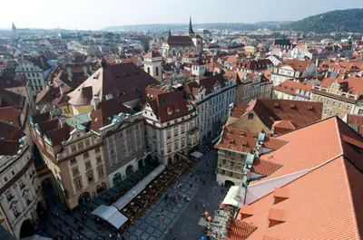 an aerial view of a city with buildings at Old Town Melantrichova Apartment in Prague