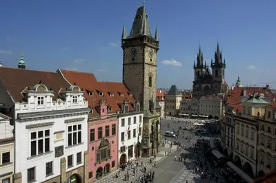 a view of a city with a clock tower at Old Town Melantrichova Apartment in Prague