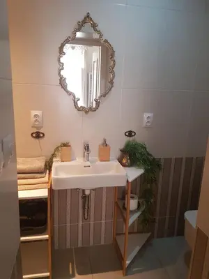 a bathroom with a sink and a mirror at Apartments With The Lions in Prague