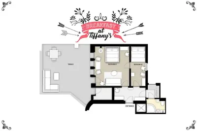 a floor plan of a house with the words embassy of many at A/C + TERRACE Breakfast at Tiffany’s in Prague