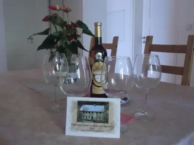 a bottle of wine and three wine glasses on a table at Hájovna Bukovec in Bukovec