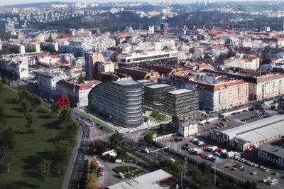 an aerial view of a city with buildings and cars at Apartment Argentinská 8 in Prague