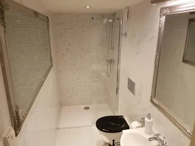 a bathroom with a shower and a toilet and a sink at Charles apartment in Prague